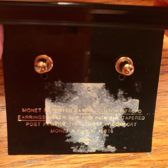 Vintage Monet .75” Black w/Faux Diamonds Gold Tone Accent Pierced Back Earrings - Picture 3 of 6